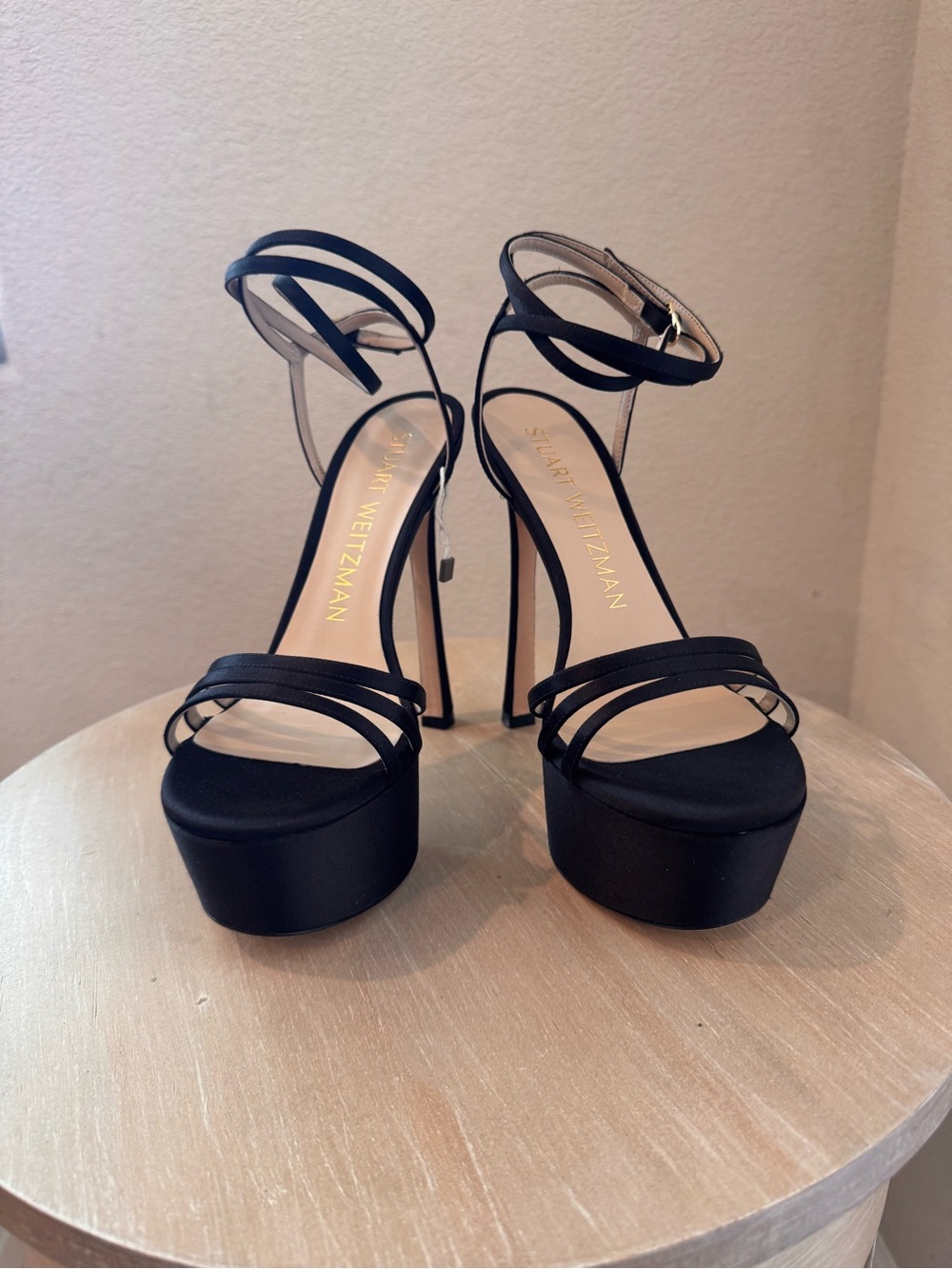 Stuart Weitzman Soirée 145 Black Satin Platform Sandal - Size 9 - NIB - $575